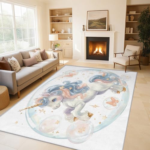 Generisch Cartoon Einhorn Teppich Wohnzimmer, Fantasie Tiere Mädchen Deko für Schlafzimmer, Waschbarer Teppich 180x240 cm, Anti Rutsch, Kurzflor C&J38 von Generisch