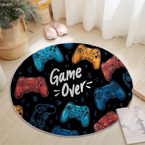 Generisch Cartoon-Gamecontroller Teppich Rund 90 cm rutschfest Teppiche Wohnzimmer, Runder Waschbar Teppiche Kurzflor Weich Runder Teppich Dunkelblau for Schlafzimmer Studie Heimbüro Küche von Generisch