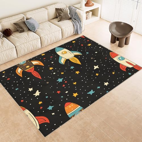 Generisch Cartoon Rakete Kinderteppich Mädchen 160x230cm Teppich Flur Waschbare Teppiche Wohnzimmer Teppich Waschbar In Waschmaschine Kurzflor Kinderzimmer Bodenteppich Stilvoll Modern von Generisch