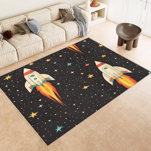 Generisch Cartoon Rakete Kurzflor Teppich 180x240cm Kinderzimmer Teppich Waschbarer Bodenteppich Waschbar In Waschmaschine Kinderteppich Mädchen Spielteppich Kinder Wohnzimmer Flur Design von Generisch