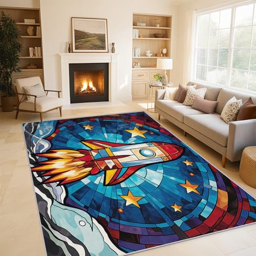 Generisch Cartoon Rakete Teppich Wohnzimmer, Weltraum für Jungen Deko für Schlafzimmer, Waschbarer Teppich 140x200 cm, Anti Rutsch, Kurzflor C22 Generisch Cartoon Rakete Teppich Wohnzimmer, Weltraum für Jungen Deko für Schlafzimmer, Waschbarer Teppich 140x200 cm, Anti Rutsch, Kurzflor C22 von Generisch