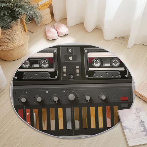 Generisch Cartoon-Recorder Teppich Rund 100 cm rutschfest Teppiche Wohnzimmer, Runder Waschbar Teppiche Kurzflor Weich Runder Teppich Schwarz for Schlafzimmer Studie Heimbüro Küche von Generisch