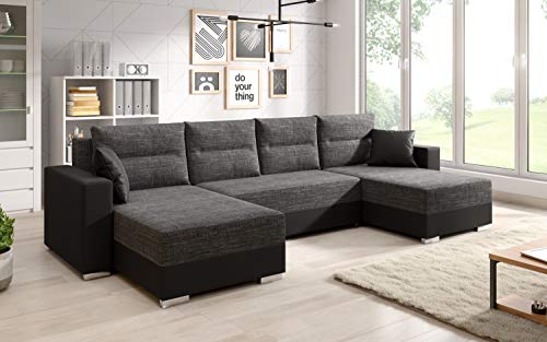 Generisch Clara U-Form Wohnlandschaft mit Schlaffunktion Couchgarnitur Sofa in Kunstleder oder Stoff schwarz grau (Clara_U_ek14/berlin02) von Generisch