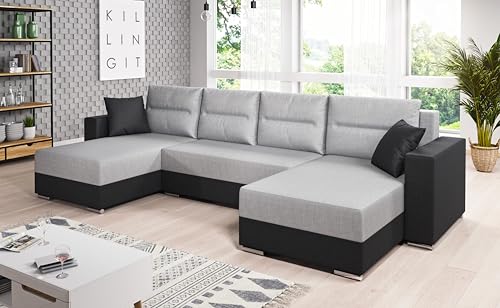 Generisch Clara U-Form Wohnlandschaft mit Schlaffunktion Couchgarnitur Sofa in Kunstleder oder Stoff schwarz grau (Clara_U_inari91/inar100) von Generisch