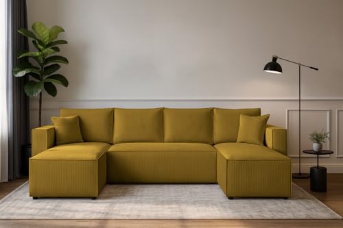 Generisch Couchgarnitur Eckcouch Capri U-Form, Schlaffunktion, Cord Stoff, Poso 05 Bettkasten und Seitenlehnen von Generisch