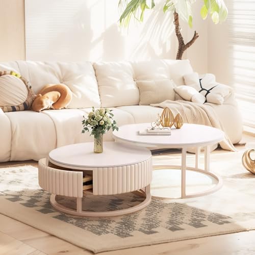 Generisch Couchtisch Set 2er Rund Marmor Weiß mit Stauraum, Moderner Metallrahmen, Versenkbarer Tisch für Wohnzimmer und Schlafzimmer Generisch Couchtisch Set 2er Rund Marmor Weiß mit Stauraum, Moderner Metallrahmen, Versenkbarer Tisch für Wohnzimmer und Schlafzimmer von Generisch