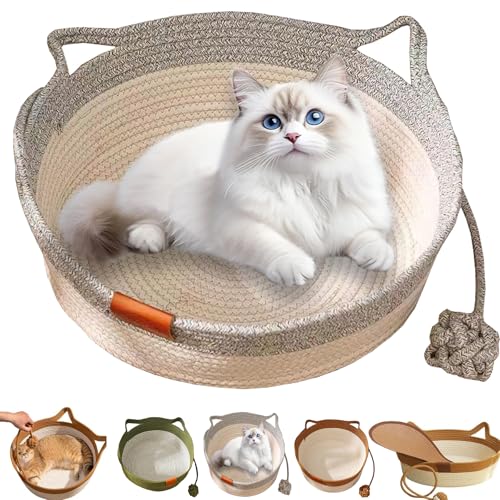 Generisch Cutypet Cat Basket, Wicker Woven Cat Bed, Pets Hand Woven Sleeping Bed Basket, Rope Round Cat Nest with Built-in Scratching Pad and Play Ball for Cat (Khaki,Medium) von Generisch