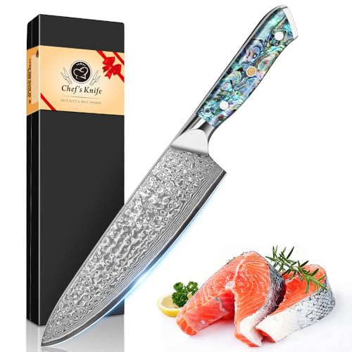 Damask Kitchen Knife, Professional Chef's Knife 20 cm Blade Made of 67 Layers VG-10 Damascus Steel, Abalone Shell Handle, Gift Box, Extra Sharp Cooking Knives for Cutting Meat Fruits and Vegetables Damask Kitchen Knife, Professional Chef's Knife 20 cm Blade Made of 67 Layers VG-10 Damascus Steel, Abalone Shell Handle, Gift Box, Extra Sharp Cooking Knives for Cutting Meat Fruits and Vegetables von Generisch