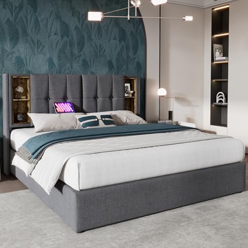 Generisch Doppelbett mit Kabellosem Laden USB C, Polsterbett Bettgestell 160x200cm,Bettgestell mit Stauraum Lattenrost aus Holz-Grau Baumwolle (Ohne Matratze) von Generisch