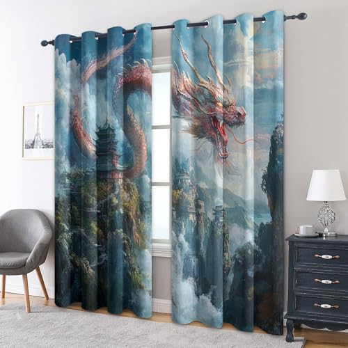 Generisch Drache Vorhänge mit Ösen, H 160 x B 140, 2er Set - Fantasy Motiv Gardinen Wohnzimmer Schlafzimmer Deko, Fenster Vorhang Blickdicht Blackout Curtain （KI151） von Generisch