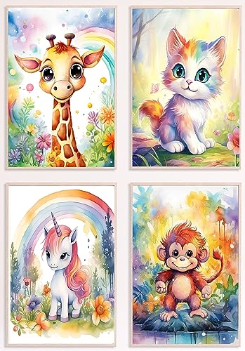 Dreamy Doodles® | 4er Poster Set | DIN A4 ohne Rahmen | Süße Tierwelt | Bilder Kinderzimmer | Premium Wandbild | Deko | Einhorn Giraffe Affe Katze | Babyzimmer Deko | Kindermotive Kinderbilder von Generisch