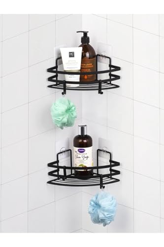 Generisch Duschablage ohne Bohren 2 Stück – Eck-Duschregal mit Haken – Rostbeständiger Duschkorb aus Edelstahl – Ablage für Badezimmer & Küche – Schwarzes Wandregal selbstklebend von Generisch