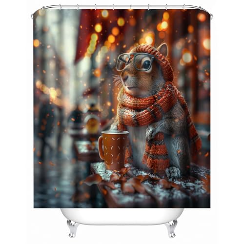 Generisch Duschvorhang Anti Schimmel 180x200 cm 3D Motiv Wasserdicht Shower Curtain Eichhörnchen Tier Niedlich Cartoon Badewanne Vorhang Polyester mit 12 Haken von Generisch