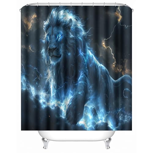 Generisch Duschvorhang Anti Schimmel 220x200 cm 3D Motiv Wasserdicht Shower Curtain Löwe Tier Blitz Badewanne Vorhang Polyester mit 12 Haken von Generisch