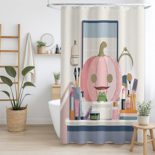 Generisch Duschvorhang Maschinenwaschbar Polyestergewebe für Badezimmer Beige Illustration Kürbis süß,180 x 180cm（71" x 71"） von Generisch