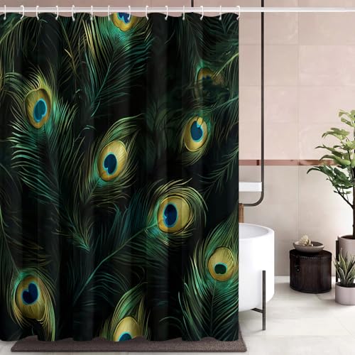 Generisch Duschvorhang Pfau Motiv, Pfauenfeder Duschvorhang 180x180 cm Badewanne Badezimmer Deko, Anti Schimmel Waschbar Wasserdicht Textil Shower Curtain, 12 Haken (VBG422) von Generisch