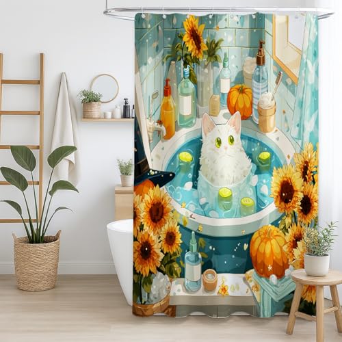 Generisch Duschvorhang Schnelltrocknend Polyester für Badezimmer Bunt Anime Katze Sonnenblume,300 x 200cm（118" x 79"） von Generisch