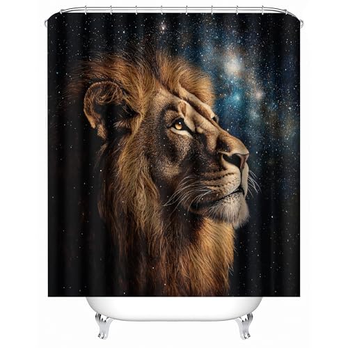 Generisch Duschvorhang Wasserdichter 240x200 cm Löwe Tier Sternenhimmel Verträumt Duschvorhang Waschbar Schnelltrocknender Stoff Polyester Badewanne Vorhang mit 12 Duschvorhängeringen von Generisch