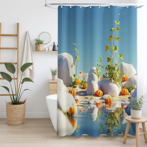 Generisch Duschvorhang Weit verbreitet Polyestergewebe für Badezimmer Blau Weiß Kürbis Natur Ästhetik,180 x 200cm（71" x 79"） von Generisch