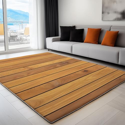Generisch Eichenholzbretter Teppiche Flächenteppich, Braun rutschfest 3D Flanel Teppich, Weiches Bodenteppich, Für Wohnzimmer Schlafzimmer 90 x 150 cm - Leicht zu Reinigen von Generisch