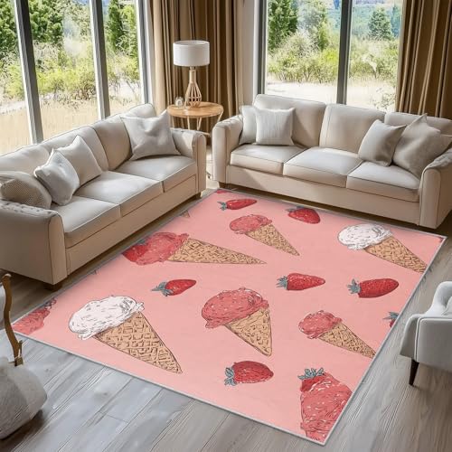 Generisch Eistüte Teppich Wohnzimmer, Erdbeere Süße Mädchen Deko für Schlafzimmer, Waschbarer Teppich 200x250 cm, Anti Rutsch, Kurzflor C23 von Generisch