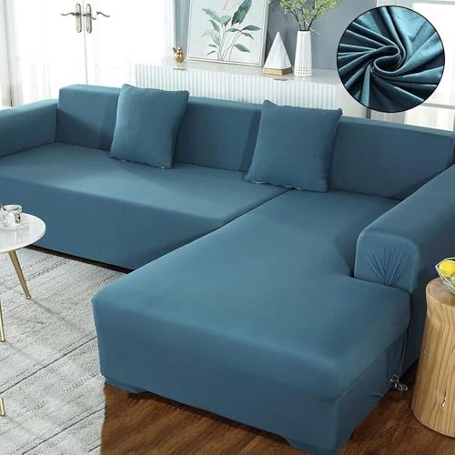 Generisch Elastischer Ecksofa-Bezug mit Ottomane Links oder Rechts, Antikratz Sofaüberwurf Wasserfest 1/2/3/4/5-Sitzer, Universal Sofa Husse für Haustiere und KinderBlue,245-300cm von Generisch