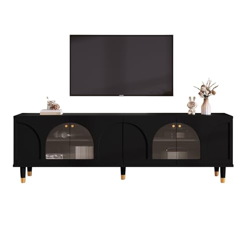 Generisch Eleganter schwarzer TV-Schrank mit gewölbten geriffelten Glastüren, 4 Türen – 173 x 38 x 59 cm – Modernes Design von Generisch