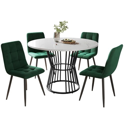 Generisch Esstisch-Set (5-Teilig), Esstisch-Set Mit 4 Stühlen, Küchentisch-Set, Runder Esstisch Mit 100 cm Durchmesser Und Schwarzen Metallbeinen, Weiße MDF-Tischplatte,Grün von Generisch