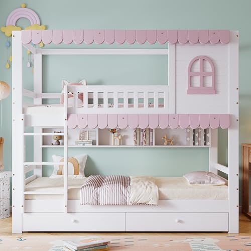 Etagenbett, Bett Mit Fenstern, mit Fallschutzgitter, Offenes Regal, Rosa Traufe, Zwei Schubladen mit Rollen, Reichlich Stauraum, Kiefer+MDF, Weiß+Rosa, 90x200cm Etagenbett, Bett Mit Fenstern, mit Fallschutzgitter, Offenes Regal, Rosa Traufe, Zwei Schubladen mit Rollen, Reichlich Stauraum, Kiefer+MDF, Weiß+Rosa, 90x200cm von Generisch
