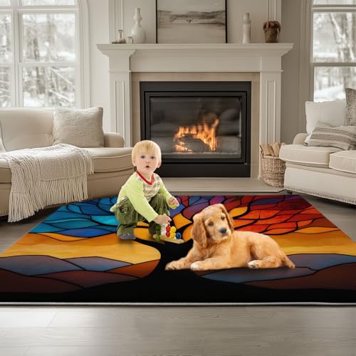 Generisch Farbe Teppiche Wohnzimmer 120 x 180 cm, Living Room Waschbare Carpet Fantasie Baum des Lebens Glas Kurzflor-Carpet mit Rutschfester Rückseite, für Wohnzimmer Esszimmer Büro von Generisch