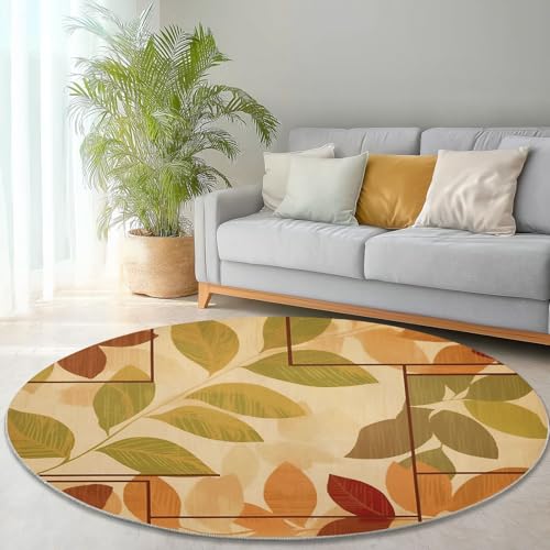 Generisch Flanell Drucke Teppich Rund 120 x 120 cm, Retro Pflanzen Blätter rutschfest Waschbar Kurzflor Teppiche Dekoration Für Schlafzimmer Sofa Nachttisch - Hellbraun von Generisch