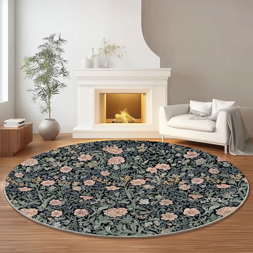Generisch Flanell Drucke Teppich Rund 150 x 150 cm, Landhausstil Blätter Blumen rutschfest Waschbar Kurzflor Teppiche Dekoration Für Schlafzimmer Sofa Nachttisch - Dunkelgrün von Generisch