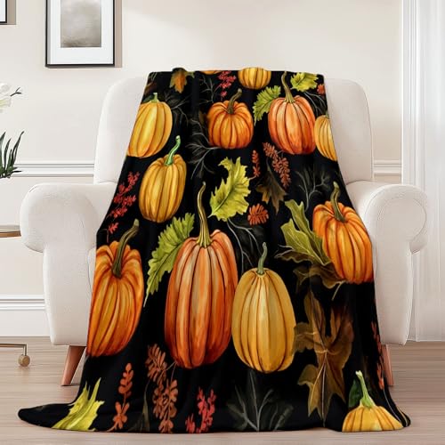 Generisch Flanell Kuscheldecke Cartoon Kürbis Blatt Thema, Schwarz Orange Atmungsaktiv Leicht Überwurf für Sofa Camping Reisen Bett Raumdekoration - 220 x 240 cm Kuscheldecke Reißfestigkeit von Generisch