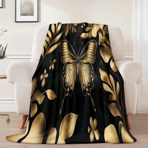 Generisch Flanell Kuscheldecke Fantasie Schmetterling Blätter Thema, Schwarz Gold Atmungsaktiv Leicht Überwurf für Sofa Camping Reisen Bett Raumdekoration - 220 x 240 cm Kuscheldecke Reißfestigkeit von Generisch