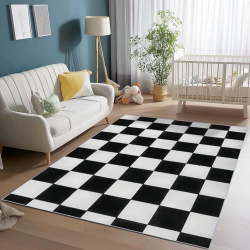 Generisch Flanell Teppich Abstrakt Design Kariert Thema, Schwarz Weiß Soft Touch Teppiche 80 x 150 cm für Kinder Wohnzimmer Schlafzimmer - Leicht Zu Reinigen Mit rutschfest Rückendeckung von Generisch