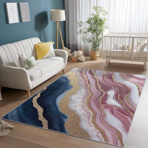 Generisch Flanell Teppich Abstrakt Modern Marmorierte Linien Thema, Rosa Blau Soft Touch Teppiche 80 x 150 cm für Kinder Wohnzimmer Schlafzimmer - Leicht Zu Reinigen Mit rutschfest Rückendeckung von Generisch