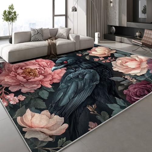 Generisch Flanell Teppich Wohnzimmer Krähe Blumen Muster Flauschig Weich rutschfest Bemalt Vintage Teppiche Fußmatte Living Room Deko Schlafzimmer Flur Läufer Indoor Carpet Spielteppich 150x210 cm von Generisch