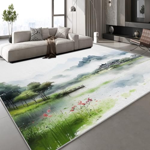 Generisch Flanell Teppich Wohnzimmer Lotus Teich Muster Flauschig Weich rutschfest Landschaft Teppiche Fußmatte Living Room Deko Schlafzimmer Flur Läufer Indoor Carpet Spielteppich 140x200 cm von Generisch