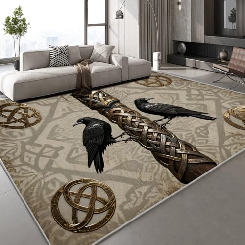 Generisch Flanell Teppich Wohnzimmer Rabenrune Muster Flauschig Weich rutschfest Tiere Retro Teppiche Fußmatte Living Room Deko Schlafzimmer Flur Läufer Indoor Carpet Spielteppich 140x200 cm von Generisch