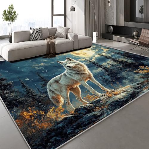 Generisch Flanell Teppich Wohnzimmer Wolfsmond Muster Flauschig Weich rutschfest Wald Handgezeichnet Teppiche Fußmatte Living Room Deko Schlafzimmer Flur Läufer Indoor Carpet Spielteppich 120x160 cm von Generisch