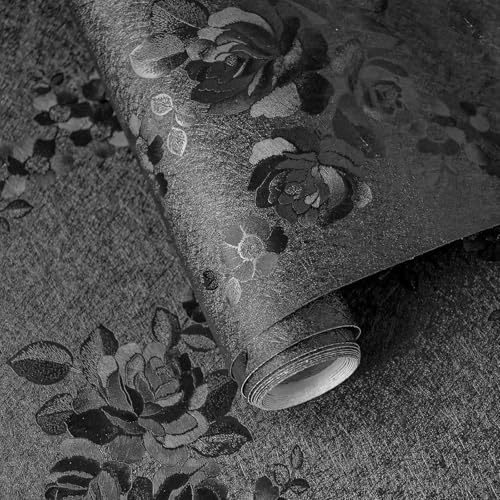 Generisch Florale Tapete for Abziehen und Aufkleben, schwarze selbstklebende Tapeten, wasserfest, abnehmbare Vinylfolie for Wohnzimmer, Schlafzimmer, Küche, Wandschränke, Dekor(45cm*3m) von Generisch