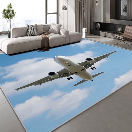 Generisch Flugzeug Blauer Himmel Teppich Kinderteppich Modern 3D Wolken Natur Teppich Kinderzimmer Kurzflor Teppiche rutschfeste Spielteppiche für Schlafzimmer Wohnzimmer Zimmer 60x90 cm von Generisch