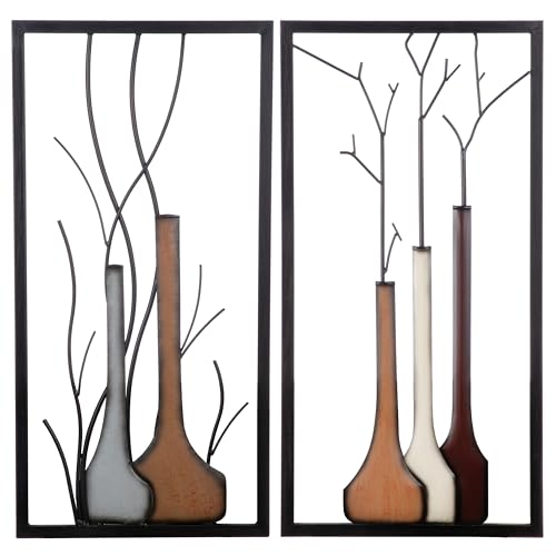 MF 2-teiliges 3D Wandbilder Set Vase je 80 cm schwarz-braun Herbst Deko Handbemalt Metallbild Wandrelief für Küche, Beige 80 x 40 cm von MF