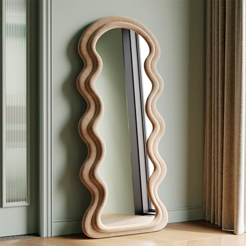 Generisch Ganzkörperspiegel 160x60cm Standspiegel,Gewölbter Bodenspiegel Groß,Wandspiegel aus Flanellumwickeltem Holzrahmen,Hängend/Kippend,Halbrunder Wellenspiegel für Schlafzimmer (Milchtee) von Generisch