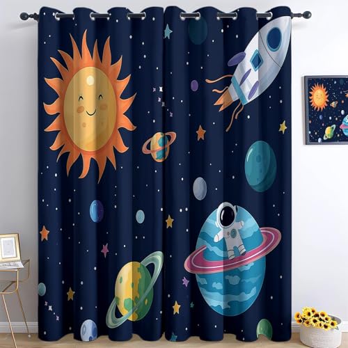 Generisch Gardinen Schlafzimmer 215 x 110 cm Thermovorhang Verdunkelungsvorhang Schwarz Modern Polyester Vorhänge 3D Cartoon Universum Rakete Astronaut Blickdicht Ösenvorhang 2Er Set von Generisch