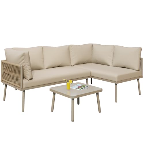 Generisch Garten-Lounge-Set Aus Eisen, Gartenmöbel-Set Aus Grünem Seil, L-Förmiges Gartenmöbel-Set, Lounge-Set Aus Grünem Seil Mit Sitzkissen, Verstellbaren Füßen, 2 Sofas Und 1 Tisch,Khaki Generisch Garten-Lounge-Set Aus Eisen, Gartenmöbel-Set Aus Grünem Seil, L-Förmiges Gartenmöbel-Set, Lounge-Set Aus Grünem Seil Mit Sitzkissen, Verstellbaren Füßen, 2 Sofas Und 1 Tisch,Khaki von Generisch