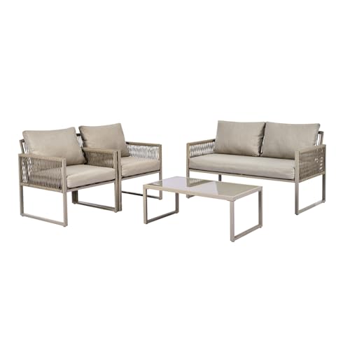 Generisch Garten-Loungesessel-Set Mit Verzinktem Eisenrahmen, Gartenmöbel-Set Aus Seil, Graues Loungesessel-Set Aus Seil Mit Sitzkissen, Verstellbaren Füßen, Glatter Glasplatte, 4Er-Set,Khaki von Generisch