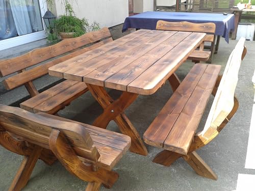 Generisch Gartenmöbel AR-OC Rustikale Gartenmöbel-Garnitur, Holz geflammt, 1 Tisch mit 4 Bänken von Generisch