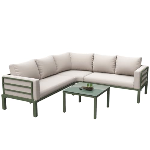 Generisch Gartenmöbel-Set (4-5 Sitzplätze), 1 Couchtisch Aus Gehärtetem Glas, Verzinkter Eisenrahmen, Bequeme Gartenmöbel, Graue Sitzpolster Und Kissen, Mit Verstellbaren Beinen,Grün von Generisch