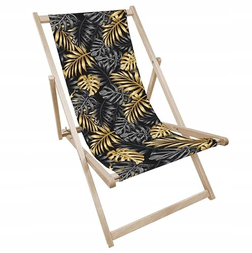 Generisch Gartenstuhl Liegestuhl klappbar Strandstuhl aus Holz Verstellbar max 130kg (Schwarze Blätter) von Generisch